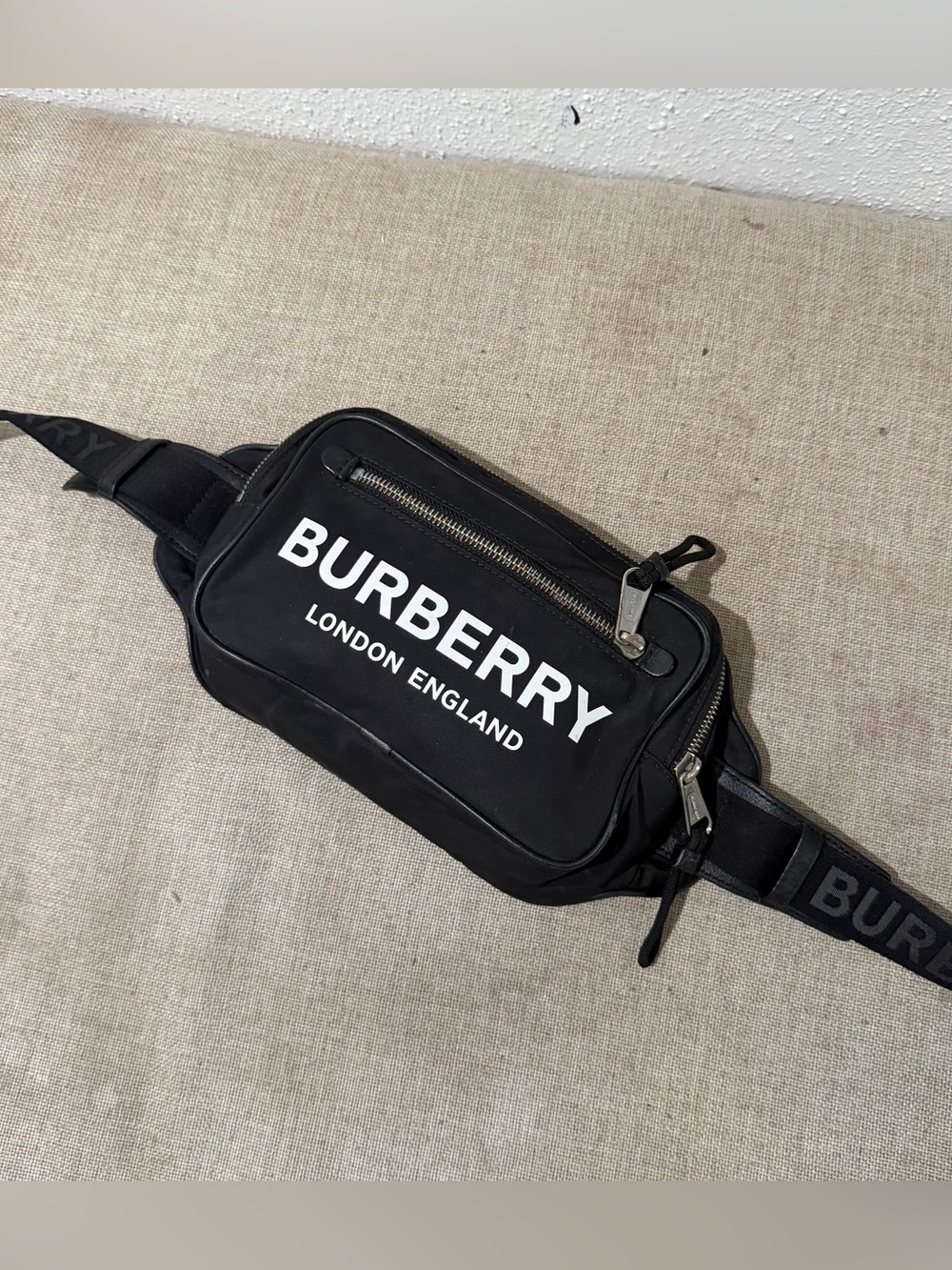 Burberry Black Logo Canvas Belt Bag with White Branding